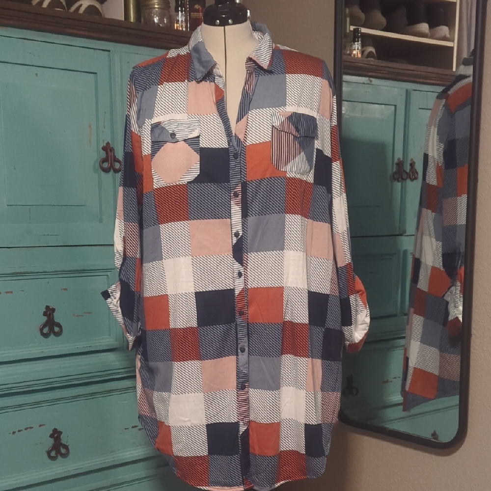 White Mark Plaid Tunic in Blue, Red, and White